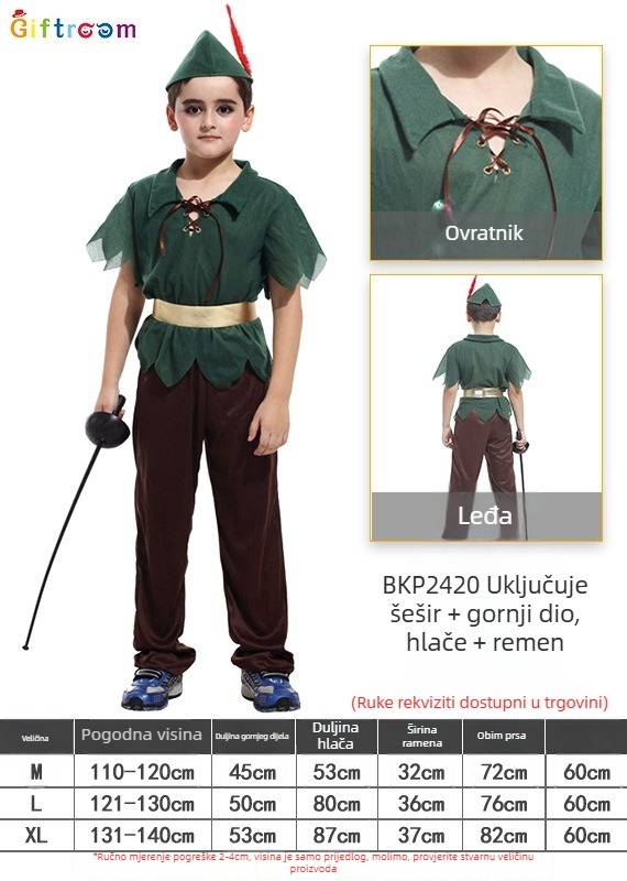 Peter Pan cosplay kostim za zapadnu karnevalnu temu zabave i kazališnu predstavu; poliester tkanina; glavni sastav 90–95% poliester; muški spol; pogodno za osobe mlađe od 17 godina