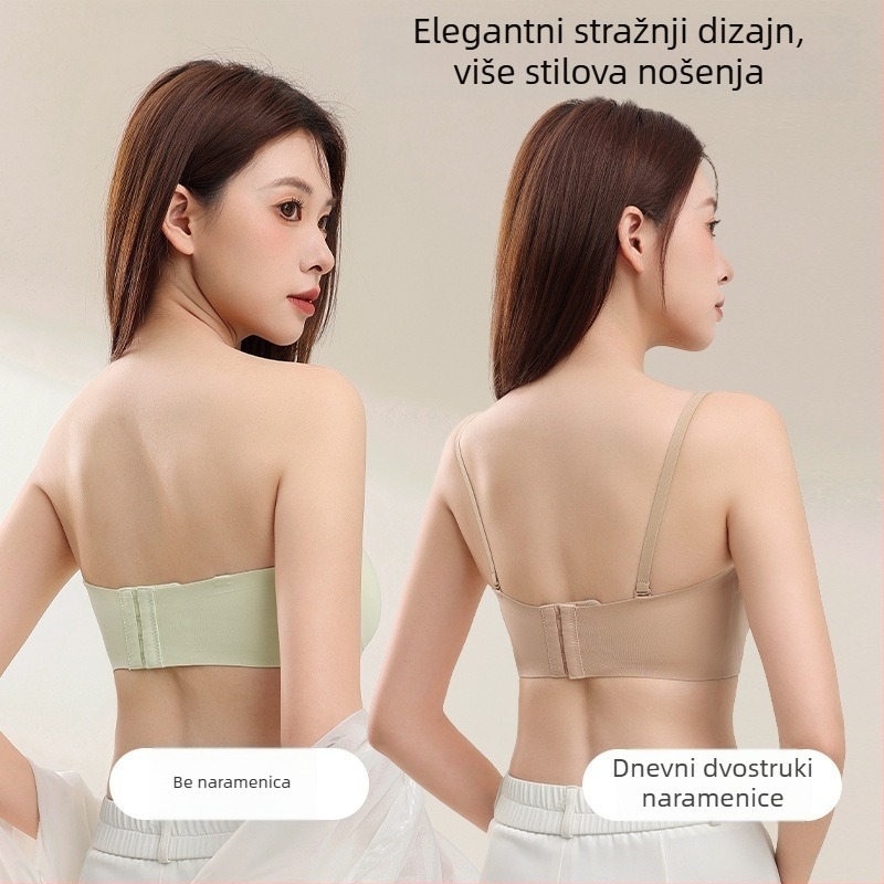 Bez naramenica, nevidljivi grudnjak za žene s malim prsima; push-up, anti-slip, bez šavova, bez leđa; Glavni materijal: najlon 70%; Podloga: spandeks 30–50%; Šalice 3/4, tanke oblikovane; Odvojive dvostruke naramenice; Stražnje četiri reda kukica