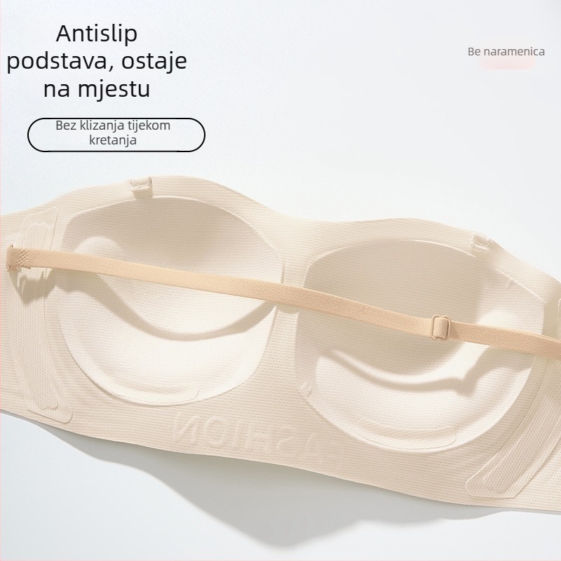 Bez naramenica, nevidljivi grudnjak za žene s malim prsima; push-up, anti-slip, bez šavova, bez leđa; Glavni materijal: najlon 70%; Podloga: spandeks 30–50%; Šalice 3/4, tanke oblikovane; Odvojive dvostruke naramenice; Stražnje četiri reda kukica