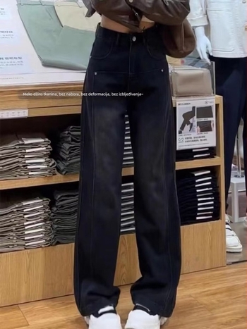 Traperice s flis podstavom, visokim strukom, ravnim krojem, denim s mikroelastičnošću, jesen 2024, ulični gotički stil