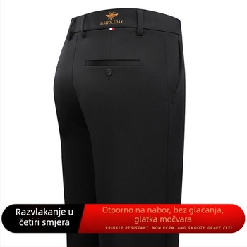 Muške poslovno–casual hlače, ravni kroj, tanak materijal, 95% poliester, 5% elastan, Lycra tkanina, jednobojni uzorak, četiri sezone