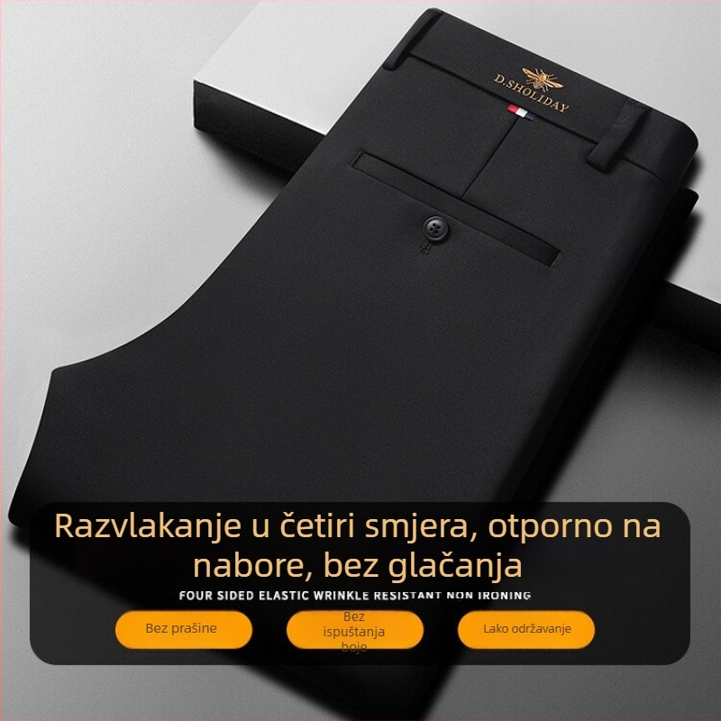 Muške poslovno–casual hlače, ravni kroj, tanak materijal, 95% poliester, 5% elastan, Lycra tkanina, jednobojni uzorak, četiri sezone
