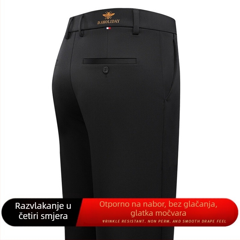 Muške poslovno–casual hlače, ravni kroj, tanak materijal, 95% poliester, 5% elastan, Lycra tkanina, jednobojni uzorak, četiri sezone