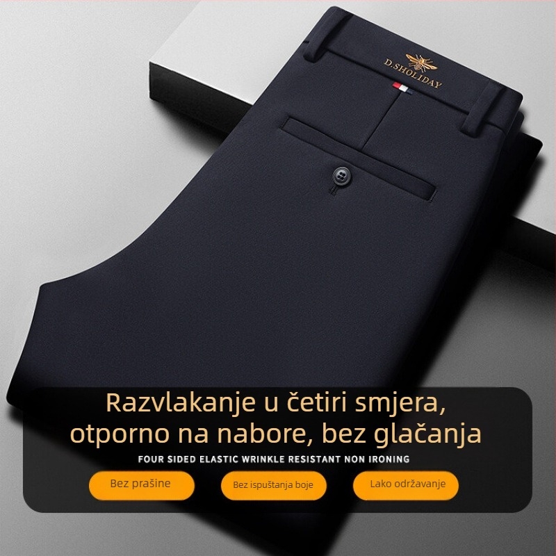 Muške poslovno–casual hlače, ravni kroj, tanak materijal, 95% poliester, 5% elastan, Lycra tkanina, jednobojni uzorak, četiri sezone