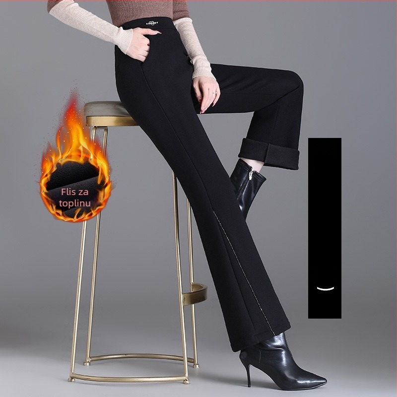 Ženske zimske hlače s flis podstavom, slobodan kroj, visok pas, smjesa poliester-nylon, mikroelastične