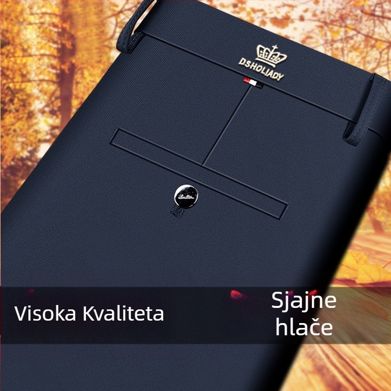 Muške hlače s flisom, debeli, elastični, ravnog kroja, visokim strukom, poslovno-udoban stil, bez glačanja, jesensko-zimske