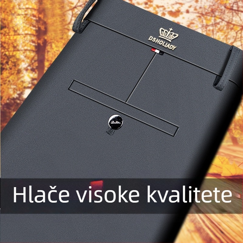 Muške hlače s flisom, debeli, elastični, ravnog kroja, visokim strukom, poslovno-udoban stil, bez glačanja, jesensko-zimske