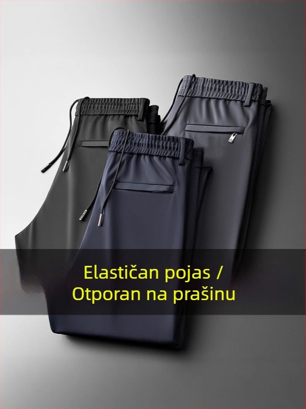 Muške casual hlače, ravne kroja, visok struk, s pojasom, zatvaračem, debeli elastični materijal, za sva četiri godišnja doba