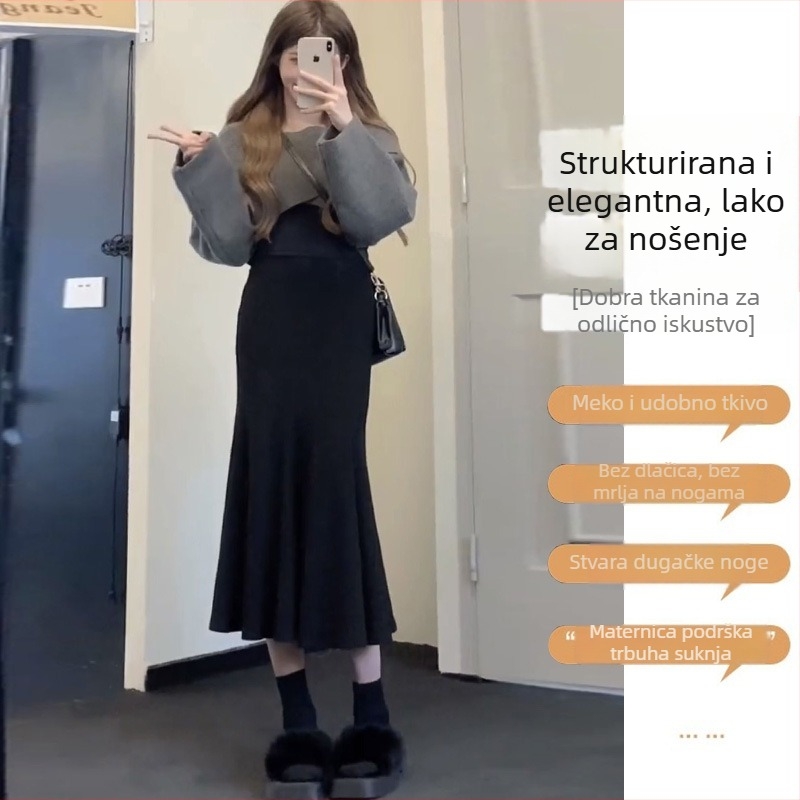 Trudnička vunena pletena suknja, visokim strukom, srednje duljine, nepravilan kroj, zimska kolekcija