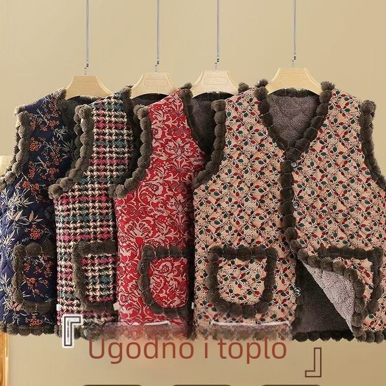 Zamatna ženska vesta za jesen-zimu 2025 | Uzorak biljaka i cvijeća, stil Royal Sister (Materijal: smjesa Tencel i pamuk; Poliester 30–50%; Digitalni tisak)