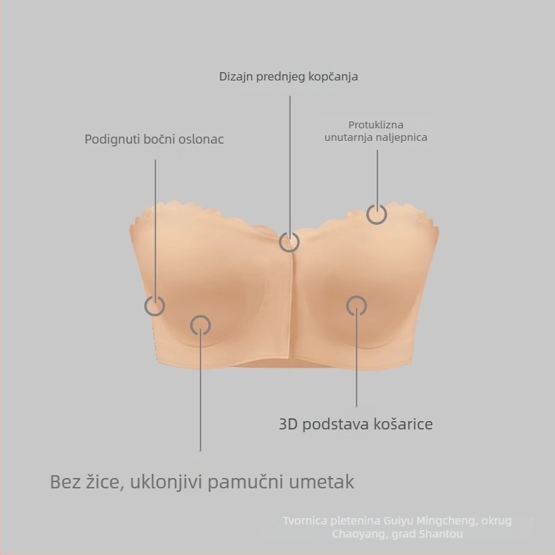 Bezšivni bandeau grudnjak s prednjim zatvaranjem, valoviti rubovi, push-up, plus veličina, prozračan ljetni stil