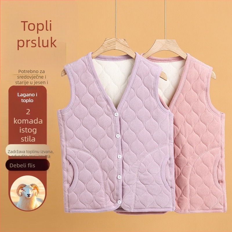 Vunena vesta za starije osobe, jednobojni uzorak, seoski stil, književno retro detalji, standardna duljina 50–65 cm