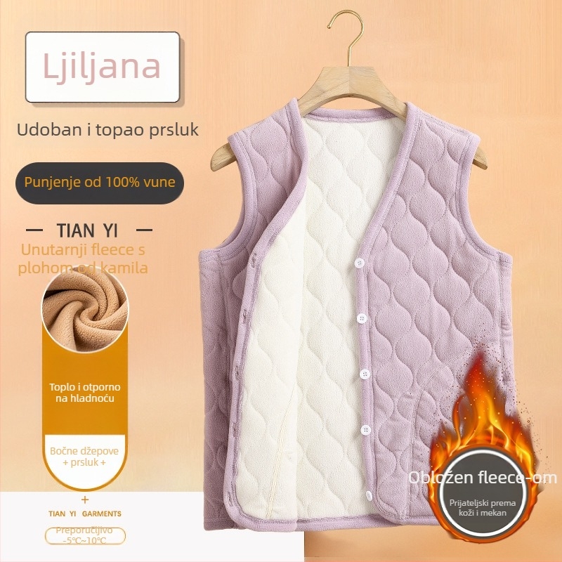 Vunena vesta za starije osobe, jednobojni uzorak, seoski stil, književno retro detalji, standardna duljina 50–65 cm