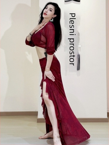 Set odjeće za belly dance vježbanje, Otisnuta mreža, Ljeto 2025, Poliester tkanina (30–50%), Elegantan stil