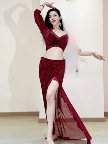 Set odjeće za belly dance vježbanje, Otisnuta mreža, Ljeto 2025, Poliester tkanina (30–50%), Elegantan stil