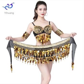 Kostim za Belly Dance s blistavim šalom na boku i kaišem s resicama, šifon, poliester + spandex (<30% spandex), Yihuang, proljeće 2023