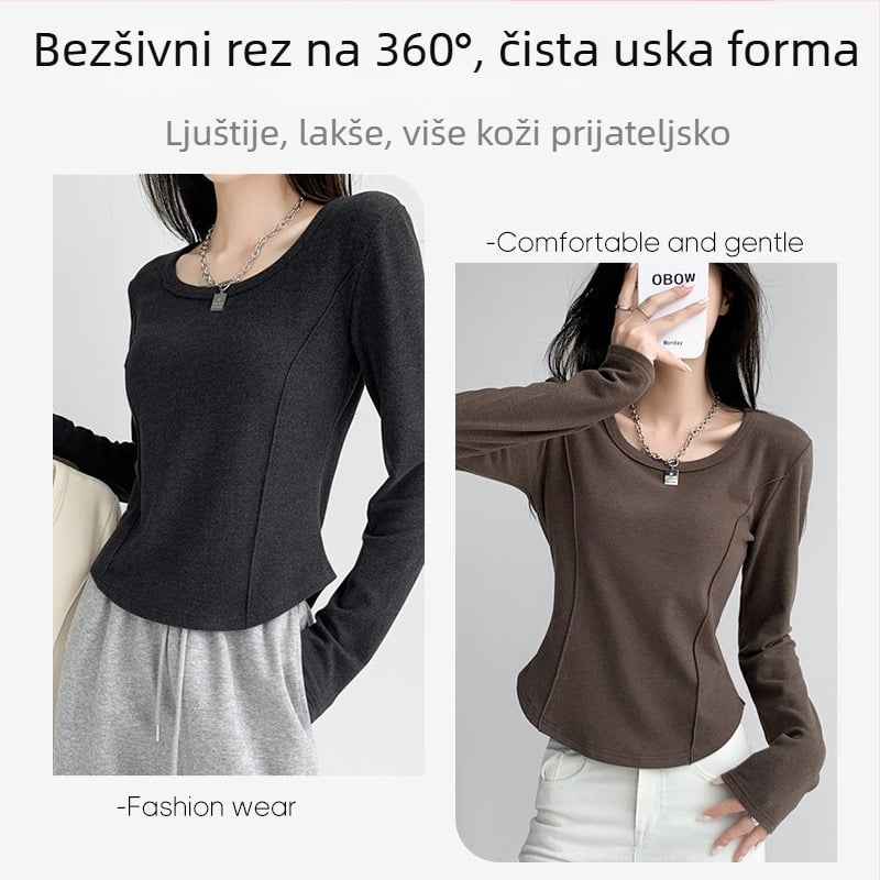 Slim-fit viskozna majica s okruglim izrezom, dugi rukavi, zima 2024