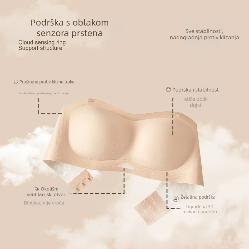 Brand 006 Bandeau grudnjak bez naramenica, protuklizni, bezšavnog dizajna, s uklonjenim dvostrukim trakovima, vanjski materijal najlon, podstava spandeks, košarice bez oblikovanih formi.