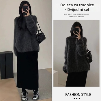 Trudnički komplet – zimski, korejski stil, pleteni top i midi suknja