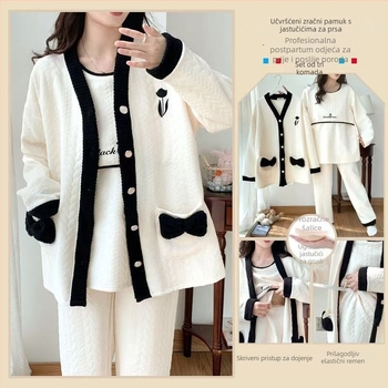 Maternitetski noćni pidžama set za dojenje od prozračnog pamuka (s kapuljačom, korejskog stila, dugi rukavi, tri dijela, proljeće i jesen)