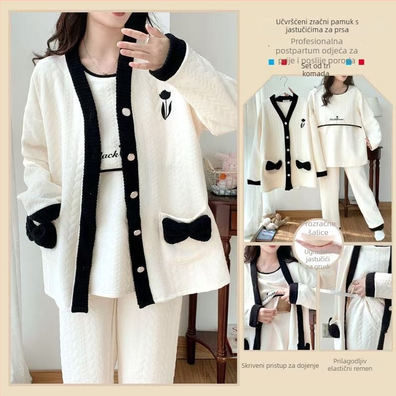 Maternitetski noćni pidžama set za dojenje od prozračnog pamuka (s kapuljačom, korejskog stila, dugi rukavi, tri dijela, proljeće i jesen)