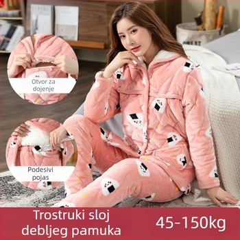 Pidžama za trudnice i dojilje od flanel materijala, 100% poliester, super debela, dugi rukav, hlače
