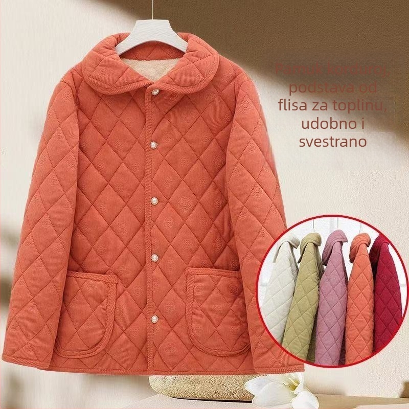 Gradska karirana pamučna puffer jakna, opuštenog kroja, jesen 2025, V-izrez, srednja duljina