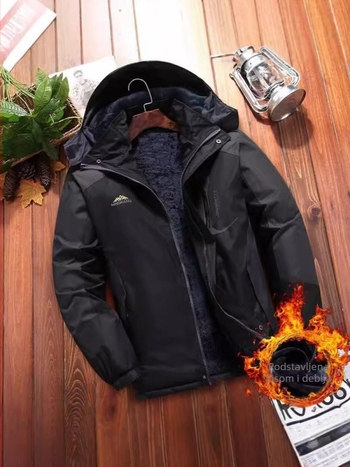 Muški pamučni kaput s fleece podstavom, zatvarač na prednjoj strani, stojeći ovratnik, jednofarbni uzorak, poliester tkanina