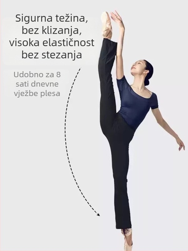 Ženske ljetne plesne hlače za trening — uski kroj s blagim širenjem, viskoza 95% / spandeks 5%, pogodne za balet, latino, folklorni i društveni ples.