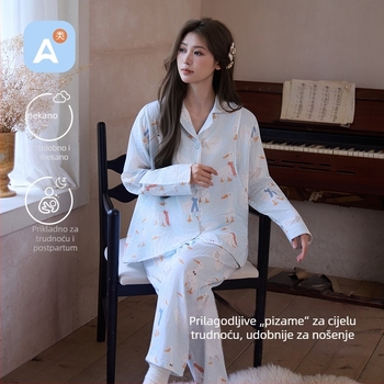 Cartoon stil majčinski kućni set za dojenje, dvostruka pamučna gaze, 100% pamuk, rever ovratnik, dugi rukavi, hlače, za proljeće-ljeto-jesen