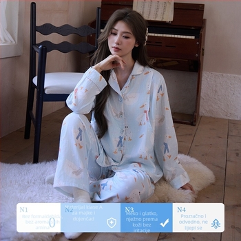 Cartoon stil majčinski kućni set za dojenje, dvostruka pamučna gaze, 100% pamuk, rever ovratnik, dugi rukavi, hlače, za proljeće-ljeto-jesen