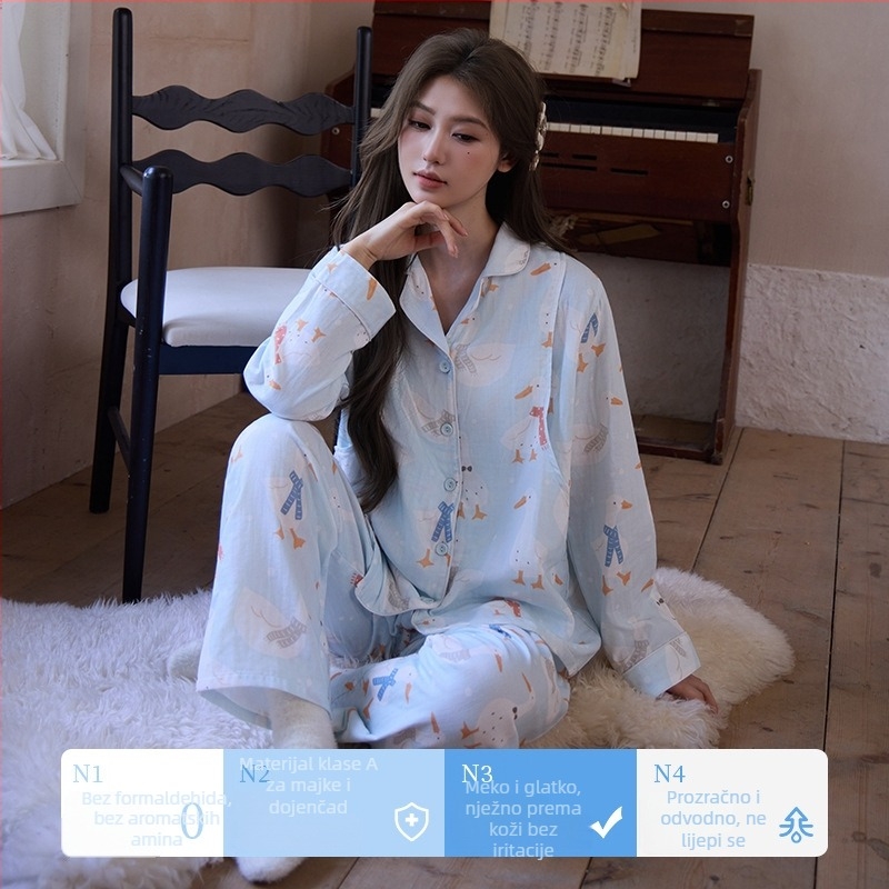 Cartoon stil majčinski kućni set za dojenje, dvostruka pamučna gaze, 100% pamuk, rever ovratnik, dugi rukavi, hlače, za proljeće-ljeto-jesen