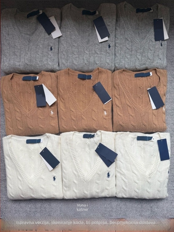 Ženski pulover od vune i kašmira, V-izrez, uski kroj, dugi rukavi, vezeni detalji, sadržaj 90–95% vuna i do 30% kašmira