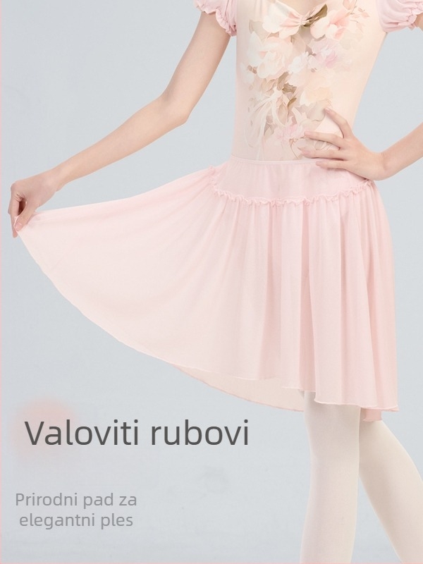 Odrasla baletna suknja s elastičnim pojasom, mekan mrežasti materijal, vanjski materijal najlon 95%, podstava spandeks 5%, srednje duljine