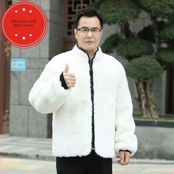Muška jakna od ovčje kože s podstavom od ovčje kože, zimska, slobodan kroj, stojeći ovratnik, zatvarač, bočni džepovi