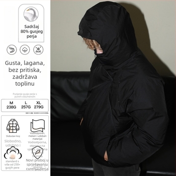 Jakna s perjem od kačjeg perja s diag. zatvaračem, kapuljača, otporna na vjetar, punilo od kačjeg perja (76–80%), 238/257/279 g, srednja duljina, gradski stil, za -20°C do -5°C