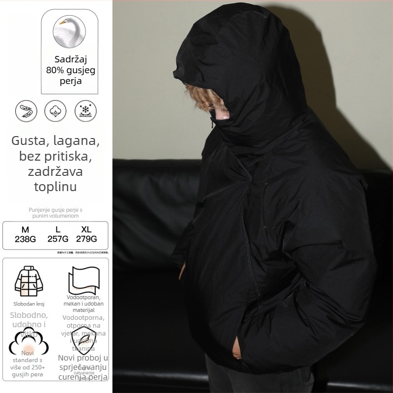 Jakna s perjem od kačjeg perja s diag. zatvaračem, kapuljača, otporna na vjetar, punilo od kačjeg perja (76–80%), 238/257/279 g, srednja duljina, gradski stil, za -20°C do -5°C