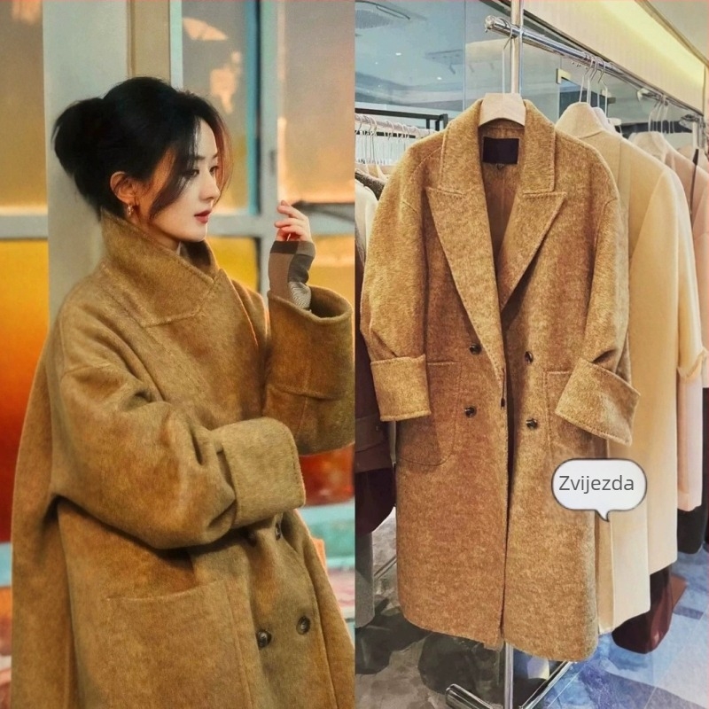 Ženski vuneni kaput - Reverzibilni vuneni tweed, lantern rukavi, slobodan kroj, produžena duljina, zatvaranje na dva gumba