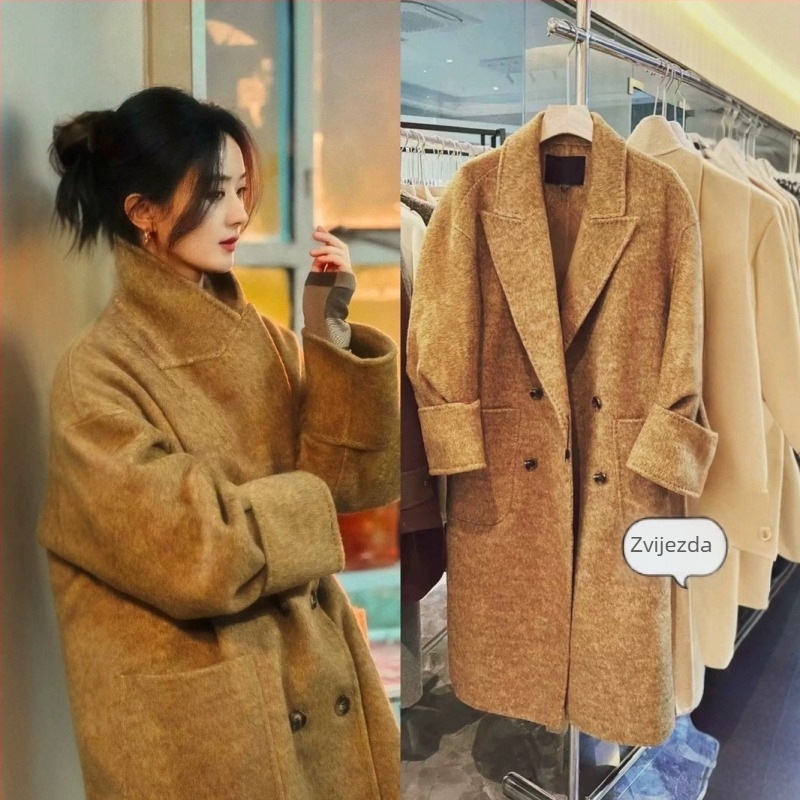 Ženski vuneni kaput - Reverzibilni vuneni tweed, lantern rukavi, slobodan kroj, produžena duljina, zatvaranje na dva gumba