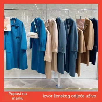 Ženski kaput od vune i kašmira, dvostruko kopčanje, ovratnik, srednja duljina, jednobojna, britanski stil