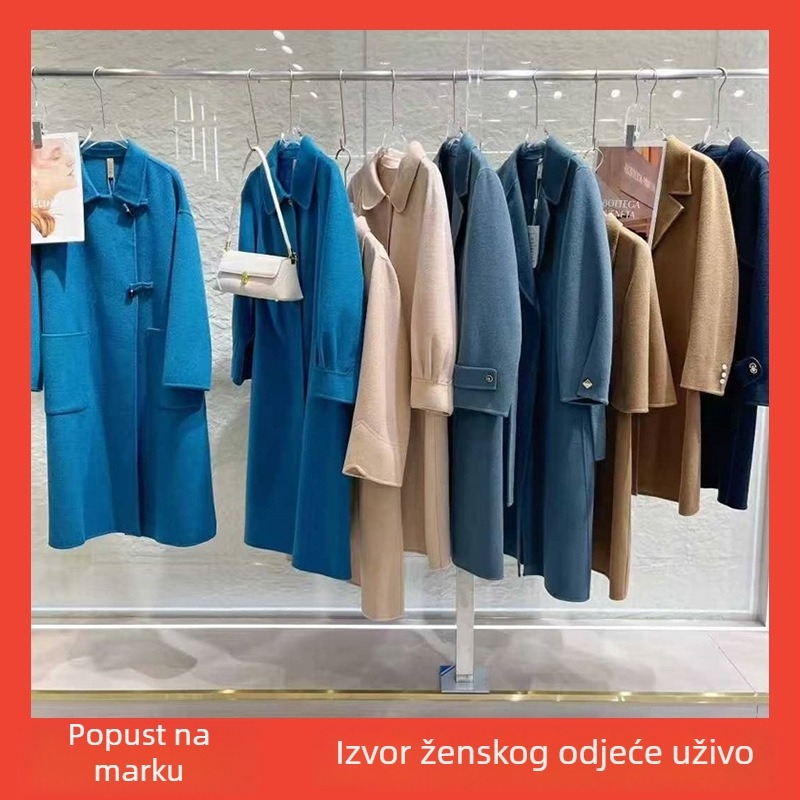 Ženski kaput od vune i kašmira, dvostruko kopčanje, ovratnik, srednja duljina, jednobojna, britanski stil