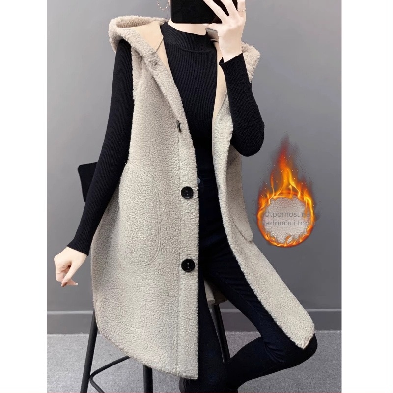 Vesta velikog broja s kapuljačom od balon velura — jednobojna, akrilna vlakna, kapuljača, kopčanje na jedno red, glavna tkanina 95%+