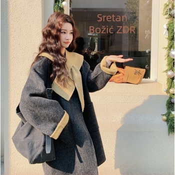 Ženski vuneni kaput u korejskom stilu, udoban kroj, dvostrani, vuna 50–70% i poliester do 30%