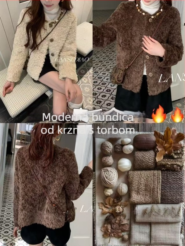 Kaput s integriranim krznom, korejski stil i dojam Old Money — tkanina od vunene smjese, postotak poliestera 70–80%, zima 2025, Si Chen, s torbom