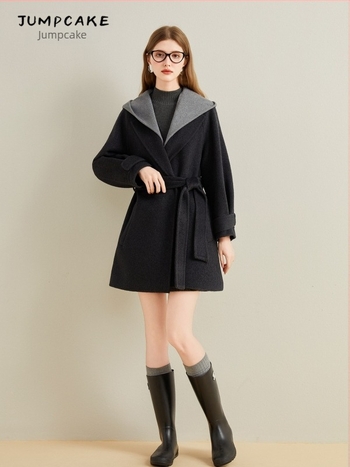 Ženski vuneni kaput s kapuljačom, vezanje, dvostruki kašmir, 70–80% vuna, Zima 2025