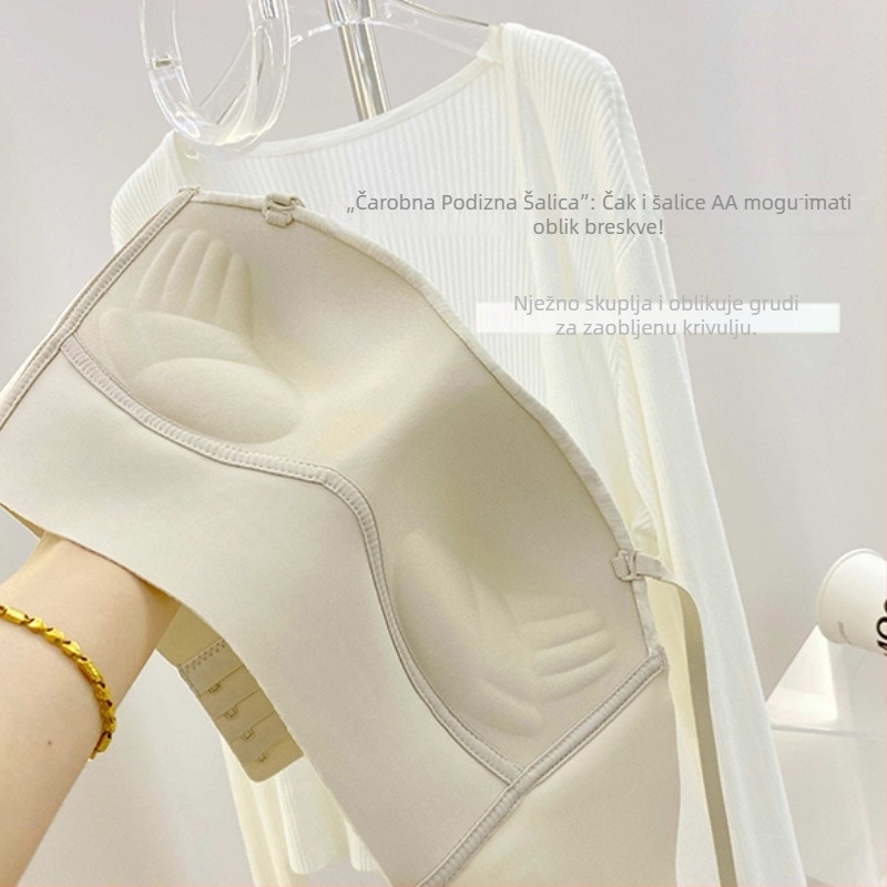 Grudnjak s košaricama u obliku dlana, bezšivan, s odvojivim dvostrukim naramenicama, najlon tkanina s podstavom od spandexa, stražnje kopče u četiri reda, košarice: tanke gore, debele dolje.