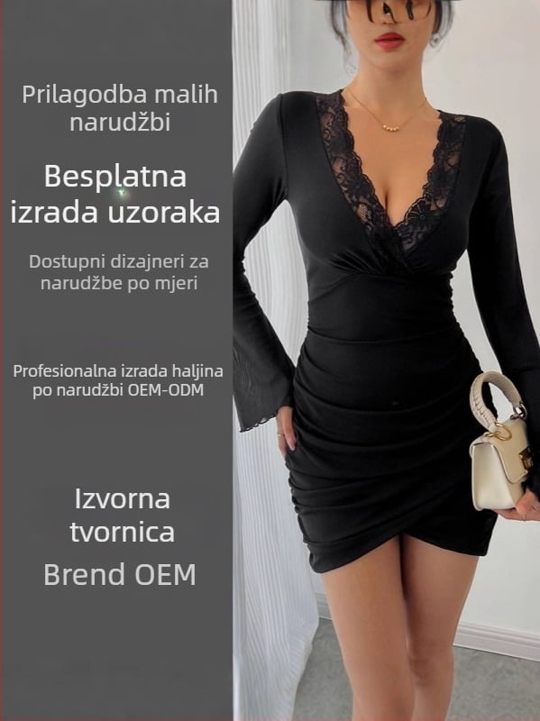 Ženska haljina od mrežaste čipke, uski kroj, zvonasti rukavi, proljeće-ljeto 2025, po narudžbi