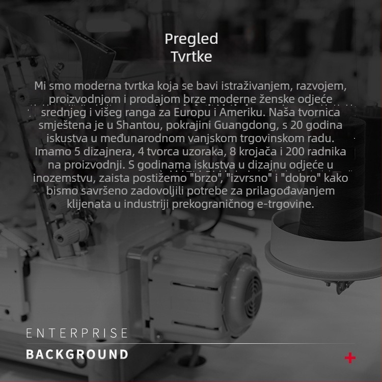 Proizvodnja ženskih haljina od tkanina – srednje i visoke klase, 7-dnevno probno razdoblje, 500 kom/dan, OEM/proba/crtanje