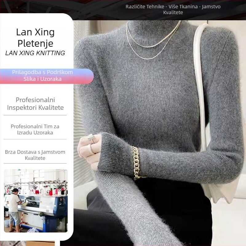 Pulover - Elegantna uska silueta, pleteni materijal od viskoze, visok ovrat, dugi rukavi
