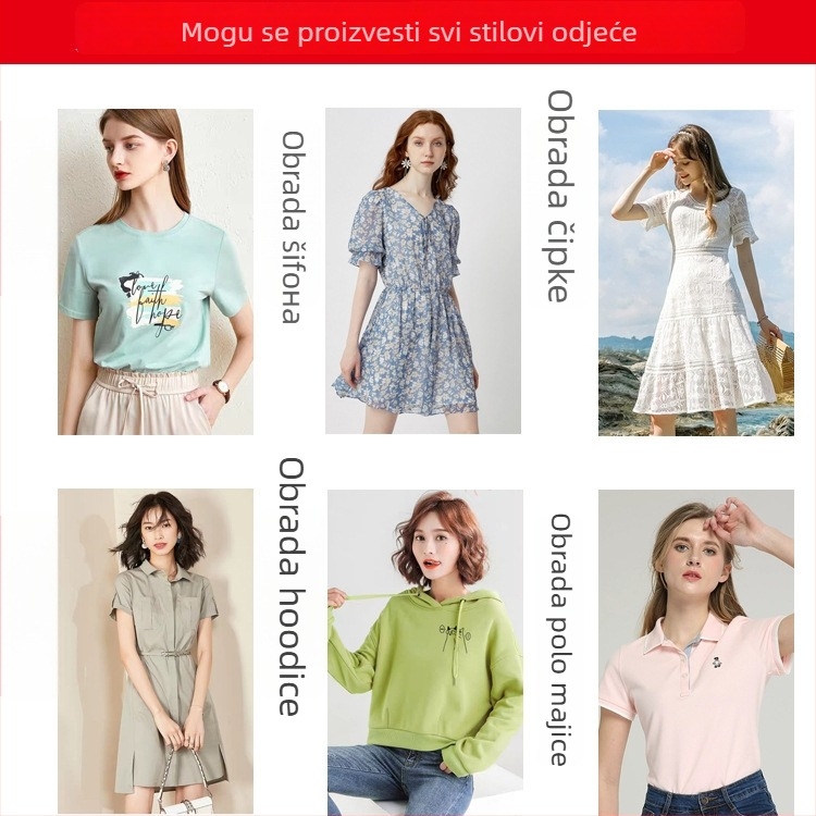 Prilagođena obrada odjeće za ženske pletene i tkanine T‑majice — izrada uzoraka, tisak i vezenje; OEM i obrada po crtežima; Tkanine: pamuk, sintetička vlakna, spandeks, modal; Kapacitet: 600 komada